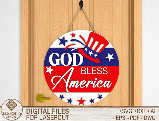 God Bless America Door Hanger SVG Laser Cut File for LightBurn