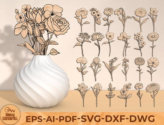 Birth Month Flower Name Stand Laser Cut File | Personalized Floral Decor | Mother’s Day Multilayer Design | Glowforge, xTool, LightBurn, etc.