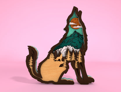 Multilayer Wolf Mountain Scene SVG Laser Cut File for LightBurn