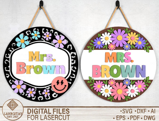 Personalized Daisy Teacher Door Sign SVG Laser Cut File for Glowforge and xTool