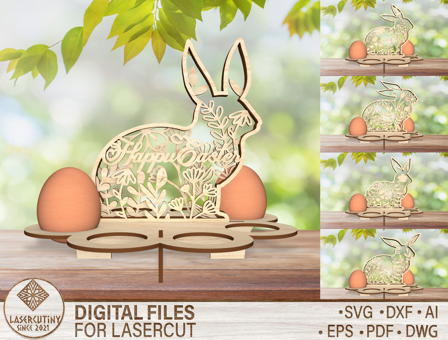 Easter Bunny Egg Holder Stand SVG Floral Rabbit 5 Designs for LightBurn