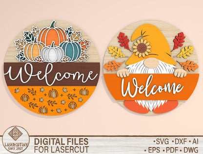 Welcome Pumpkin Gnome Door Hanger SVG Set for Glowforge xTool LightBurn | 2 Designs