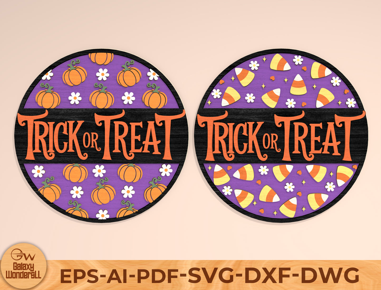 Trick or Treat Round Sign SVG Laser Cut File | 2 Halloween Door Designs | Cute Spooky Decor | Glowforge, xTool, LightBurn, etc.