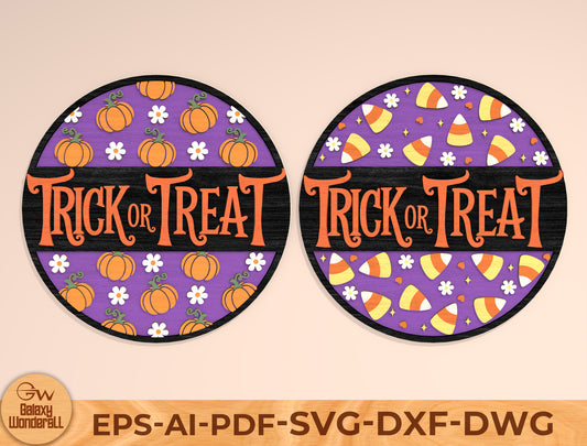 Trick or Treat Round Sign SVG Laser Cut File | 2 Halloween Door Designs | Cute Spooky Decor | Glowforge, xTool, LightBurn, etc.