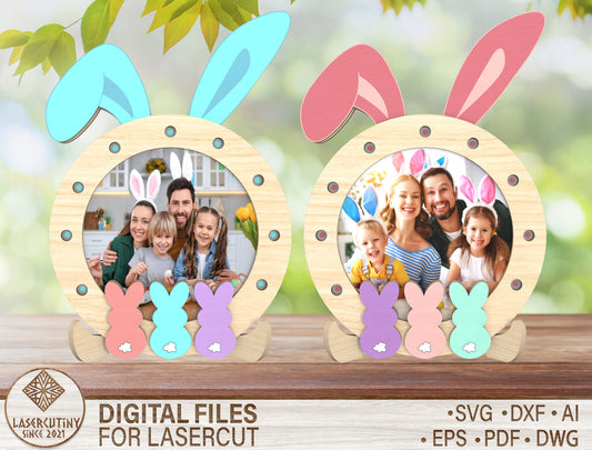 Easter Bunny Photo Frame SVG Round Bunny Ear Picture for LightBurn and xTool