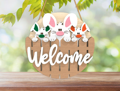 Easter Bunny Welcome Door Hanger SVG Layered Round 3 Designs for Glowforge