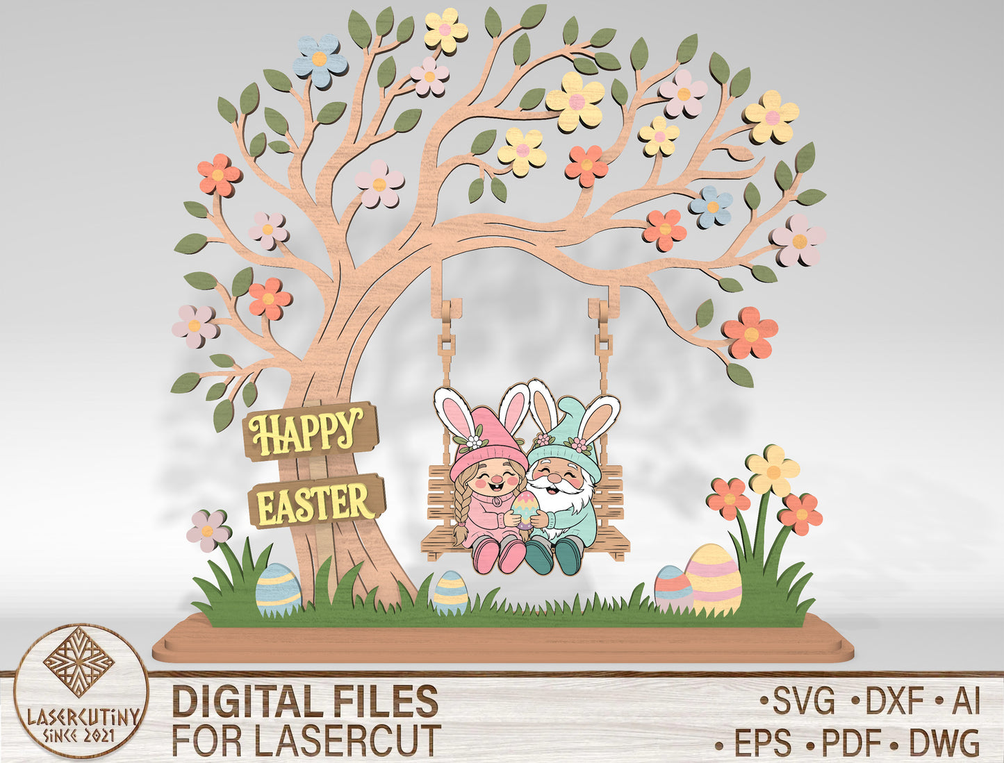Happy Easter Gnome Tree Swing SVG Laser Cut for LightBurn and Glowforge