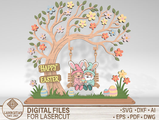 Happy Easter Gnome Tree Swing SVG Laser Cut for LightBurn and Glowforge