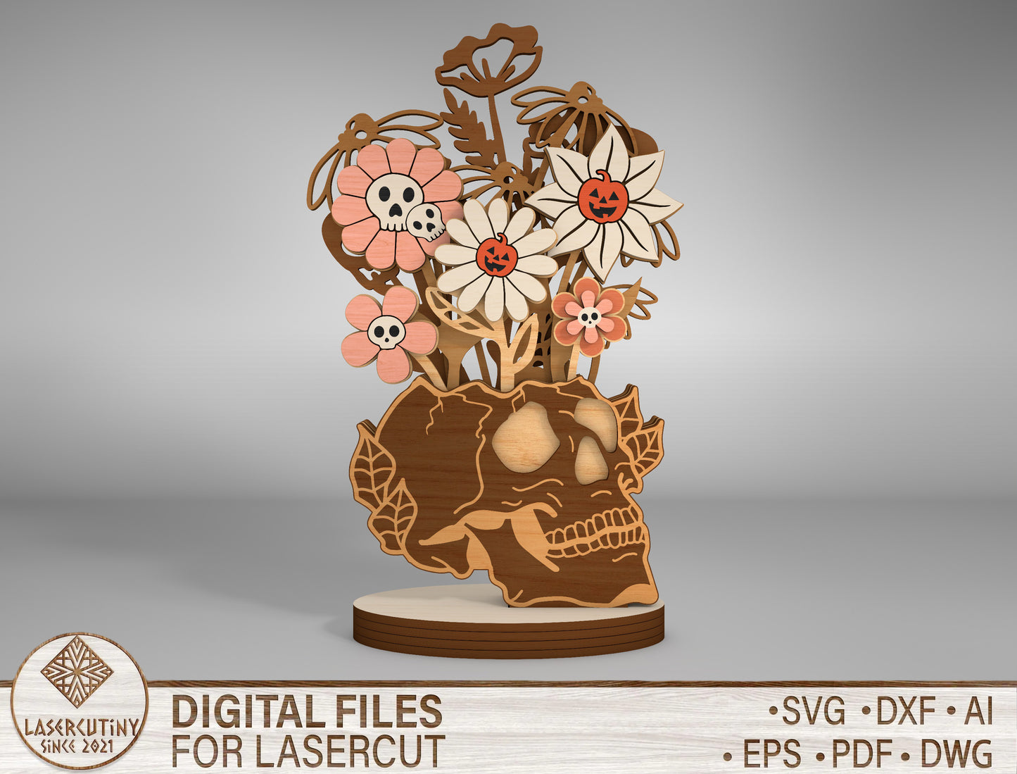 Halloween Skull Flower Vase Multilayer SVG Standing Shelf Sitter for xTool LightBurn Glowforge