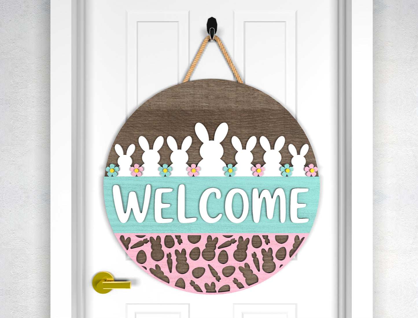 Easter Bunny Hello Chicks Door Sign SVG Layered Welcome for LightBurn and xTool