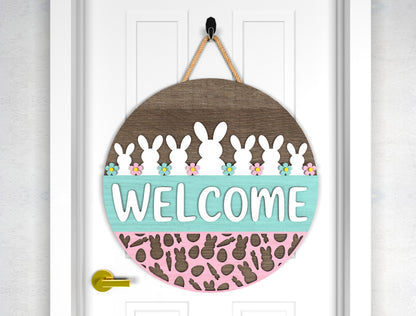 Easter Bunny Hello Chicks Door Sign SVG Layered Welcome for LightBurn and xTool