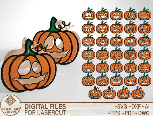 Halloween Pumpkin Face SVG Bundle Laser Cut File | 35 Jack O Lantern Designs | Spooky Wooden Decor | Glowforge, xTool, LightBurn, etc.