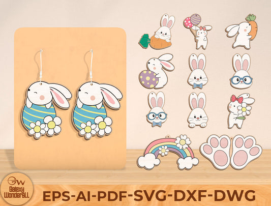 Easter Bunny Earrings SVG Bundle Laser Cut File | 12 Cute Rabbit Designs | Spring Wooden Earrings | Glowforge, xTool, LightBurn, etc.