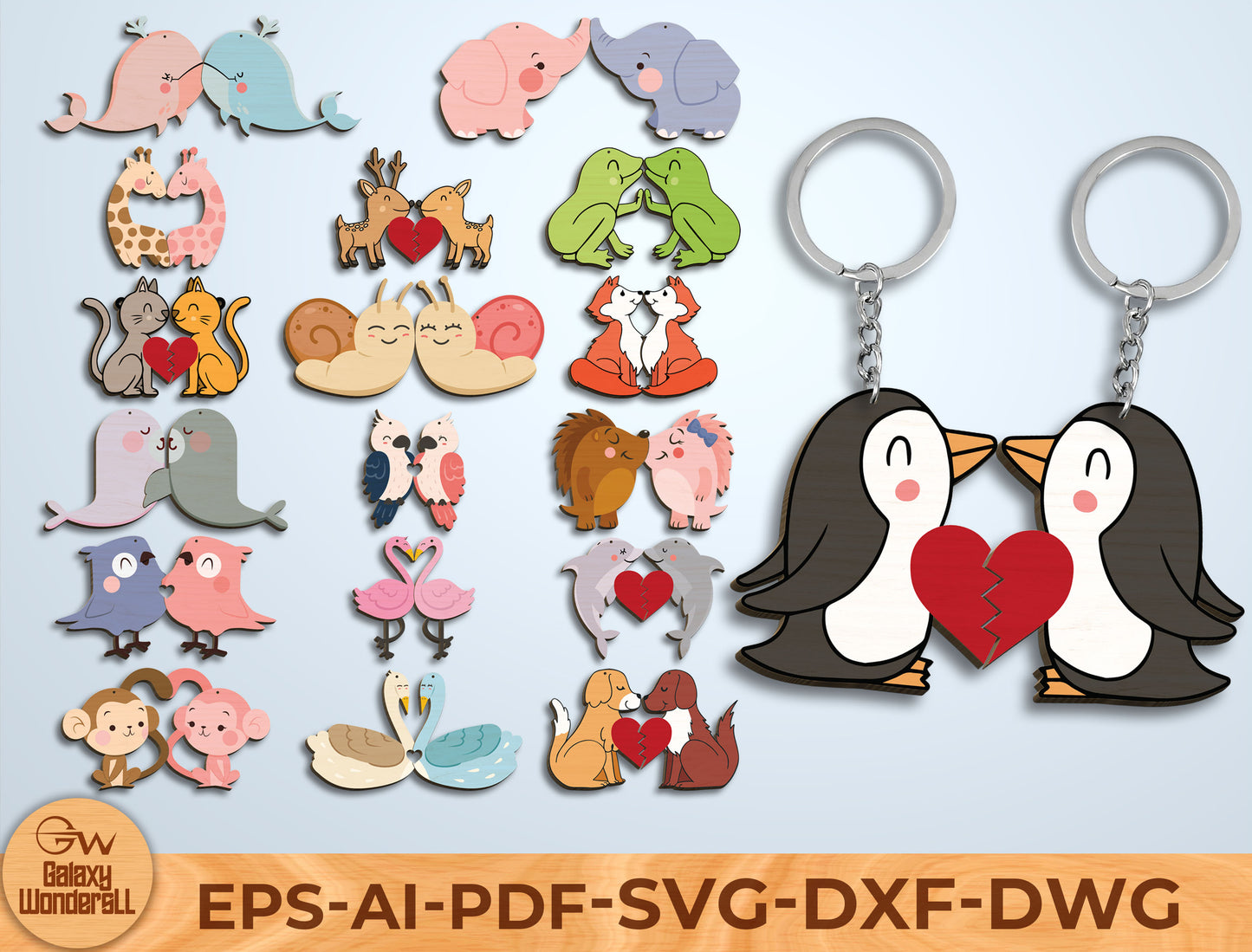 Animal Couple Keychain Laser Cut File Bundle | Cute Love Animals SVG Set | Valentine Wooden Keychain Design | Glowforge, xTool, LightBurn, etc.
