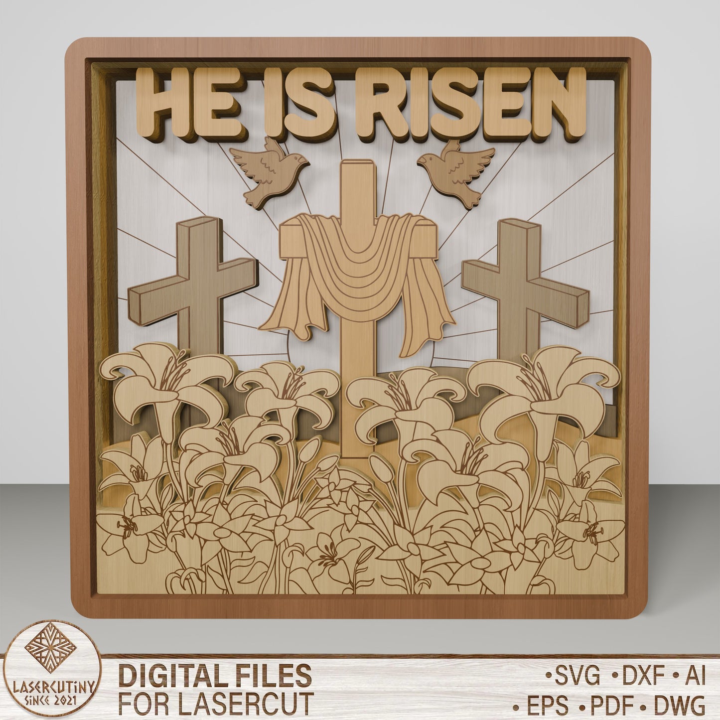 He Is Risen Multilayer Cross Scene Tabletop SVG for Glowforge and xTool