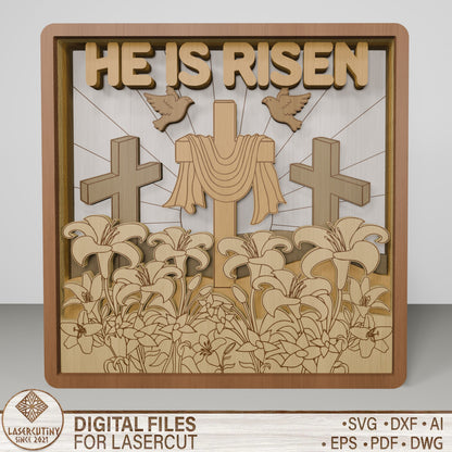 He Is Risen Multilayer Cross Scene Tabletop SVG for Glowforge and xTool