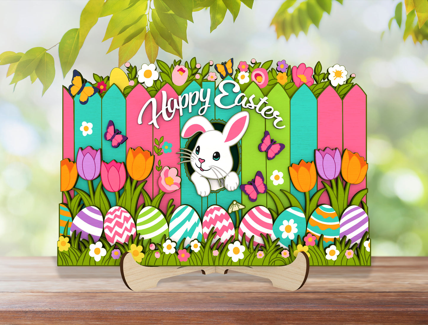 Happy Easter Bunny Tabletop Sign SVG 5 Layer Fence Scene for Glowforge