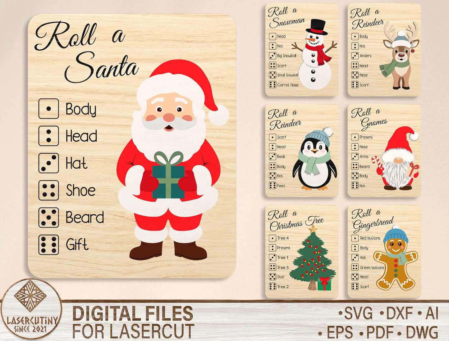 Christmas Roll-a-Game Dice Activity Laser Cut File | Ready to Cut | Glowforge, xTool, LightBurn, etc. My Store