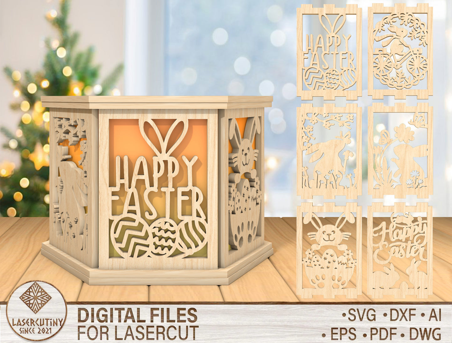 Happy Easter Lantern Box SVG Bunny Light Decor for Glowforge and xTool
