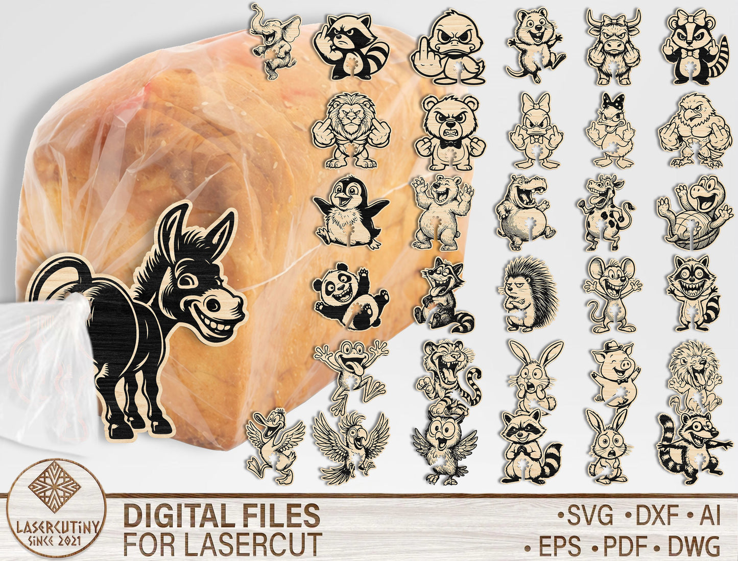 Funny Animal Bag Clips SVG Bundle for Glowforge and LightBurn