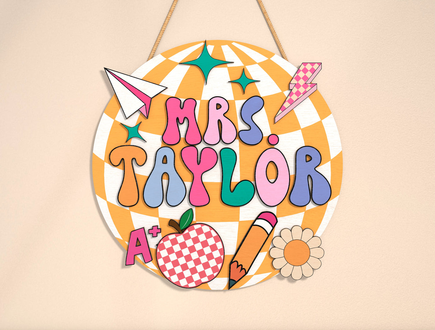 Personalized Retro Bubble Classroom Sign SVG Laser Cut File for Glowforge and xTool