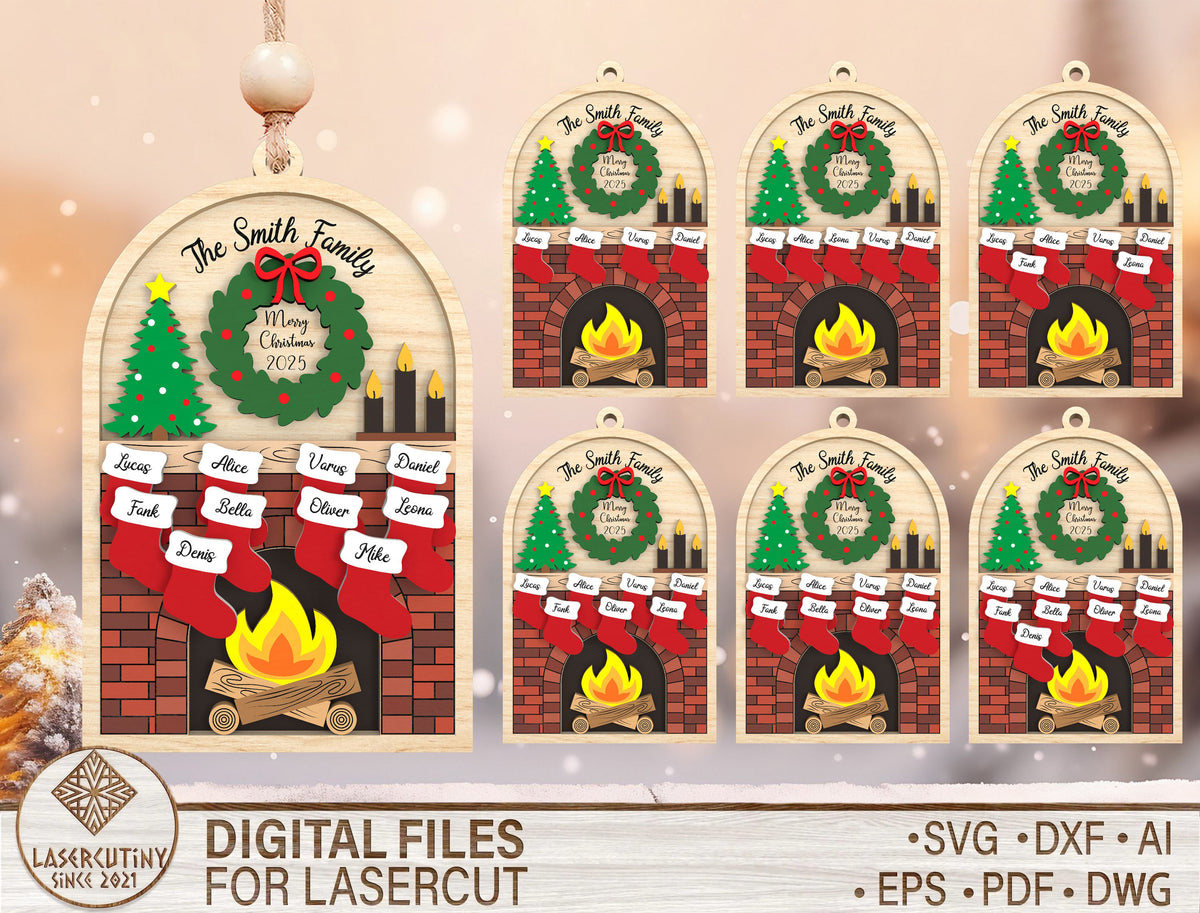 Personalized Family Fireplace Mantel Christmas Ornament SVG 1