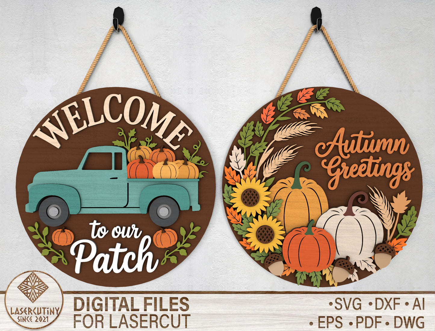 Welcome to Our Patch Truck and Autumn Greetings Door Hanger SVG Set for Glowforge xTool LightBurn 2 Designs