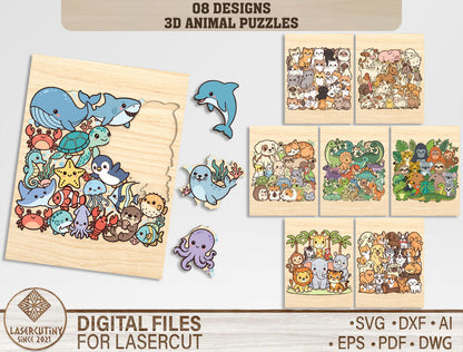 3D Animal Puzzle SVG Bundle for Glowforge and LightBurn