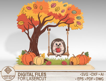 Hedgehog on Swing Fall Scene SVG for Glowforge xTool LightBurn