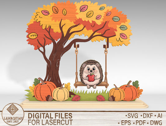 Hedgehog on Swing Fall Scene SVG for Glowforge xTool LightBurn