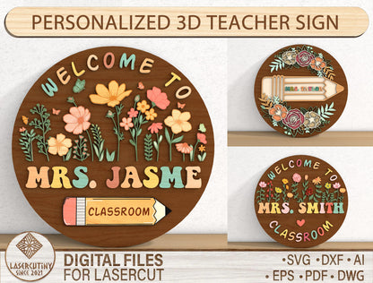Personalized 3D Floral Classroom Door Sign SVG for Glowforge and xTool
