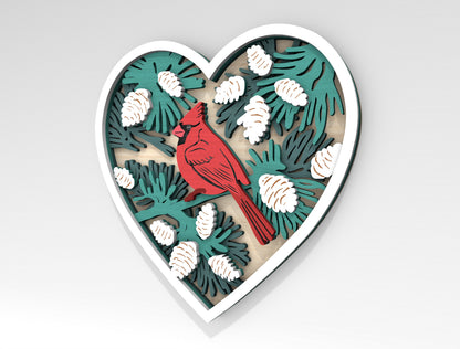 Cardinal Heart Multilayer SVG Winter Bird Layered Wall Decor Laser Cut File for Glowforge and LightBurn