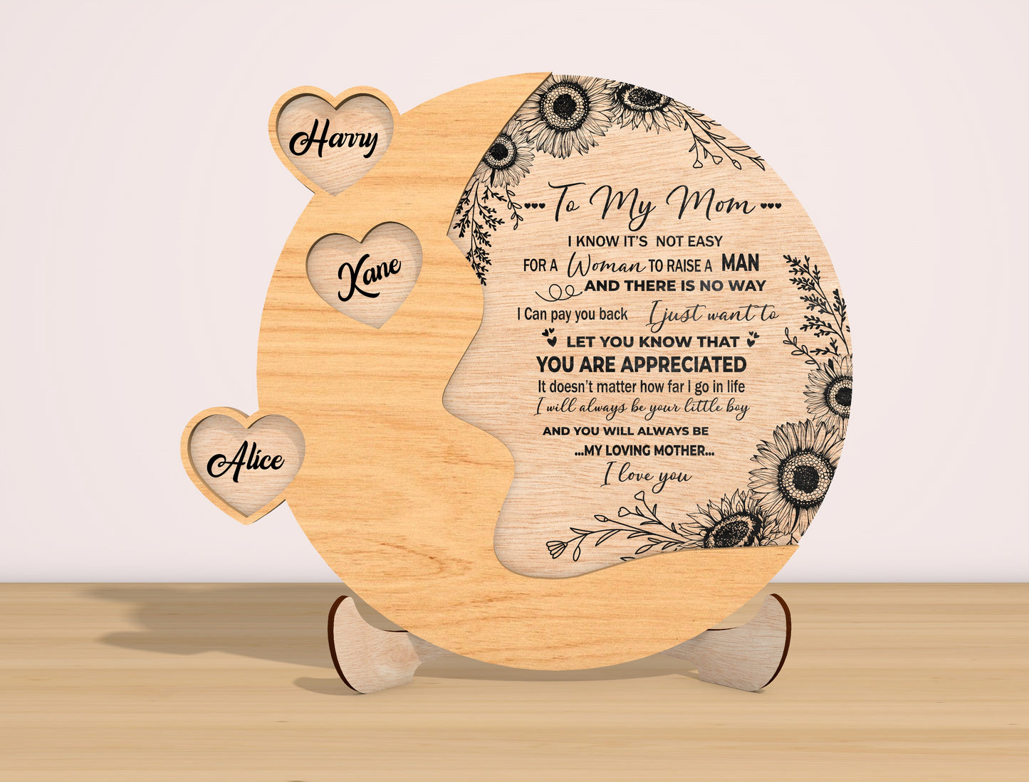 Personalized Mom Heart Sign SVG Sunflower Laser Cut File for LightBurn and xTool