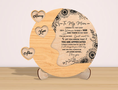 Personalized Mom Heart Sign SVG Sunflower Laser Cut File for LightBurn and xTool