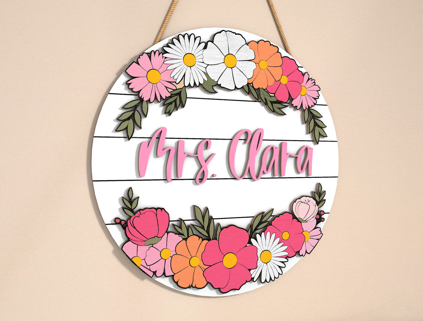 Personalized Floral Teacher Name Sign SVG Laser Cut File for Glowforge and xTool