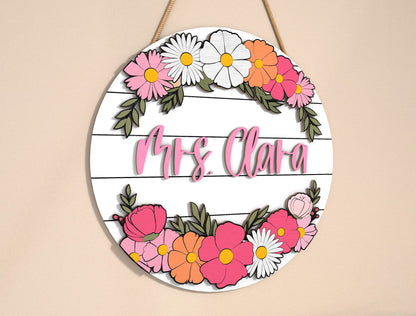 Personalized Floral Teacher Name Sign SVG Laser Cut File for Glowforge and xTool