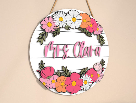 Personalized Floral Teacher Name Sign SVG Laser Cut File for Glowforge and xTool