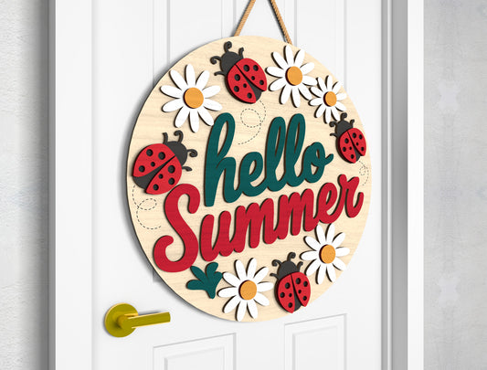 Hello Summer Daisy Ladybug Door Hanger SVG – Cute Floral Polka Dot Decor – Laser Cut File