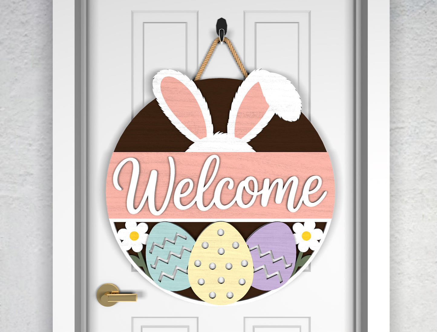 Easter Bunny Silhouette Door Sign SVG Welcome Spring Pastel Egg for LightBurn