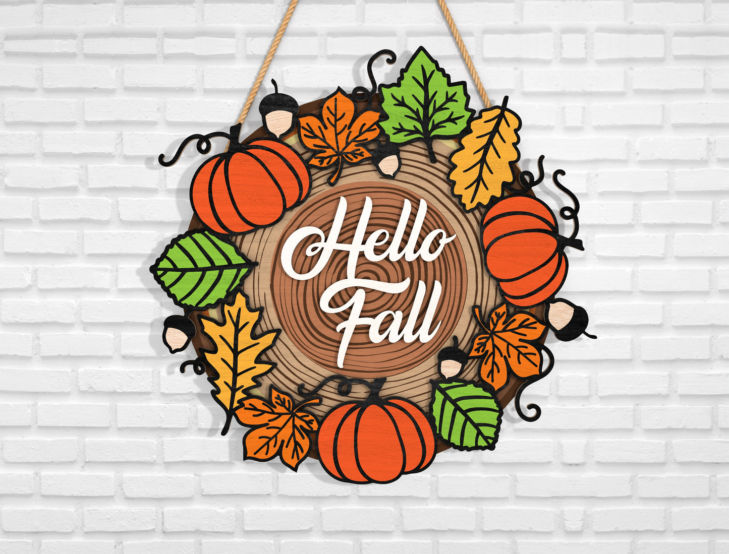 Hello Fall Wood Slice Door Hanger SVG Bundle for Glowforge xTool LightBurn 4 Designs