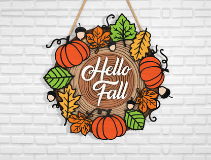 Hello Fall Wood Slice Door Hanger SVG Bundle for Glowforge xTool LightBurn 4 Designs