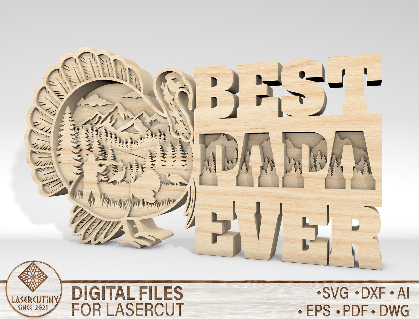 Best Papa Ever Turkey Layered Sign SVG Laser Cut File for Glowforge and xTool