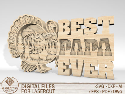 Best Papa Ever Turkey Layered Sign SVG Laser Cut File for Glowforge and xTool