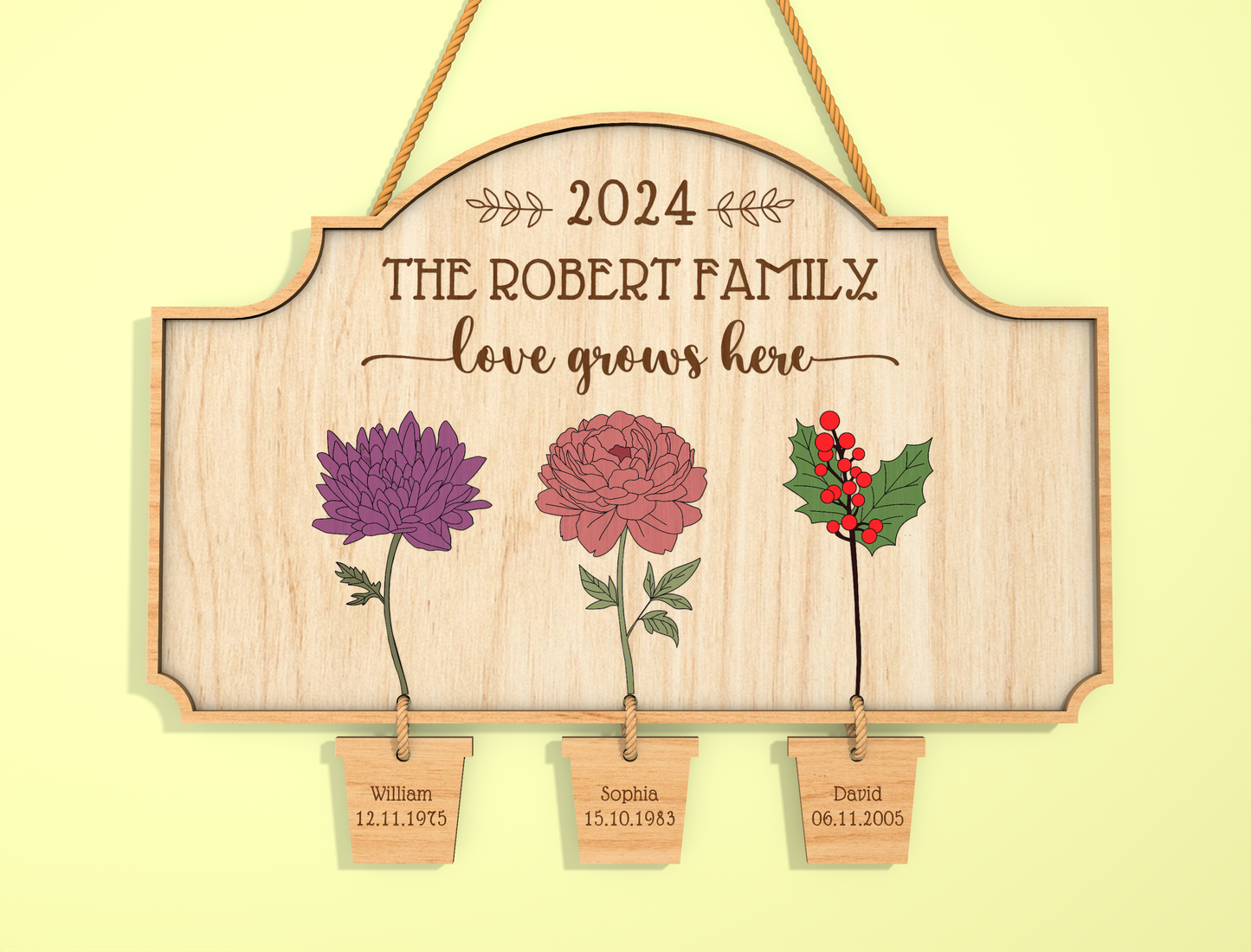 Custom Name Birth Flower Hanging Tag Sign SVG for LightBurn