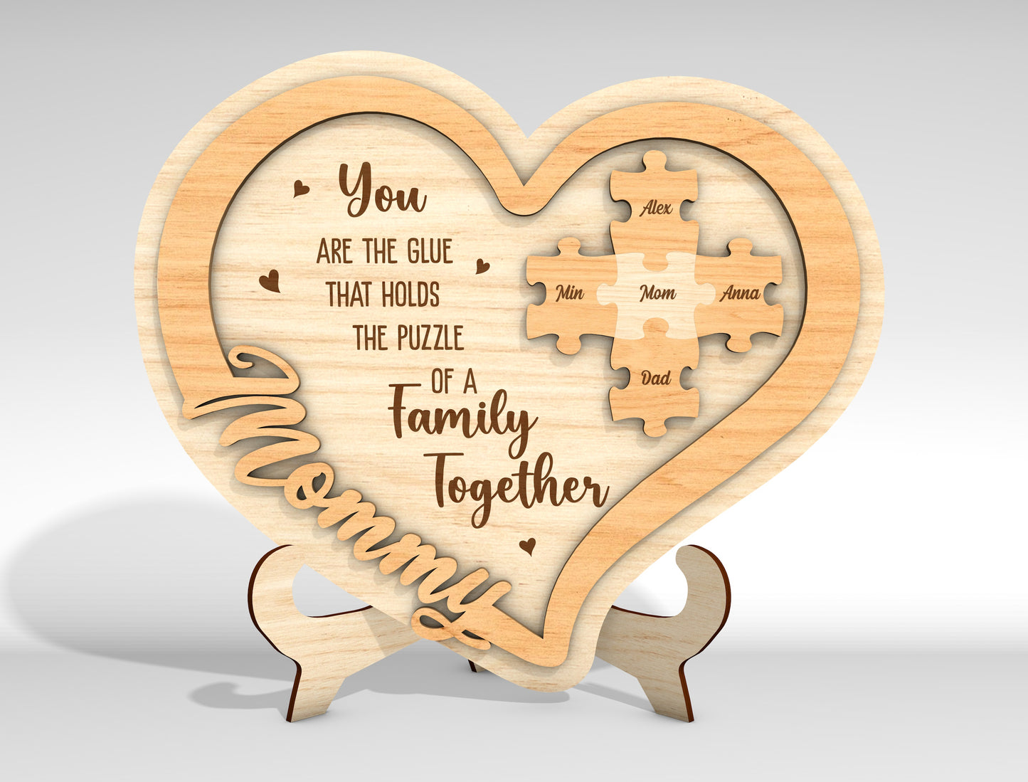 Personalized Mom Heart Puzzle Sign SVG for Glowforge and xTool