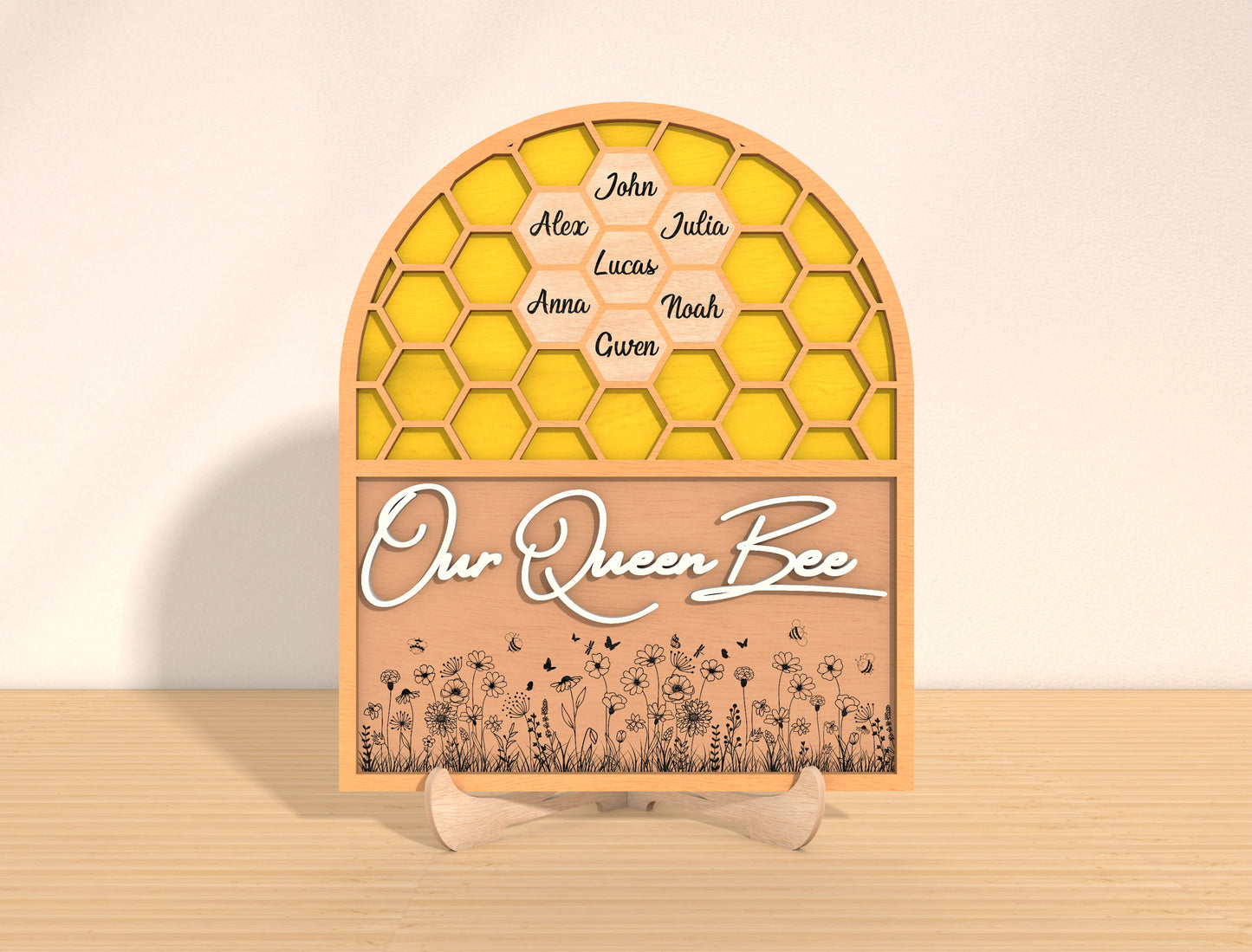 Our Queen Bee Laser Cut File | Personalized Mother’s Day Honeycomb Sign | Floral Wooden Decor | Glowforge, xTool, LightBurn, etc...