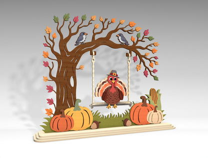 Turkey on Swing Fall Scene SVG for Glowforge xTool LightBurn