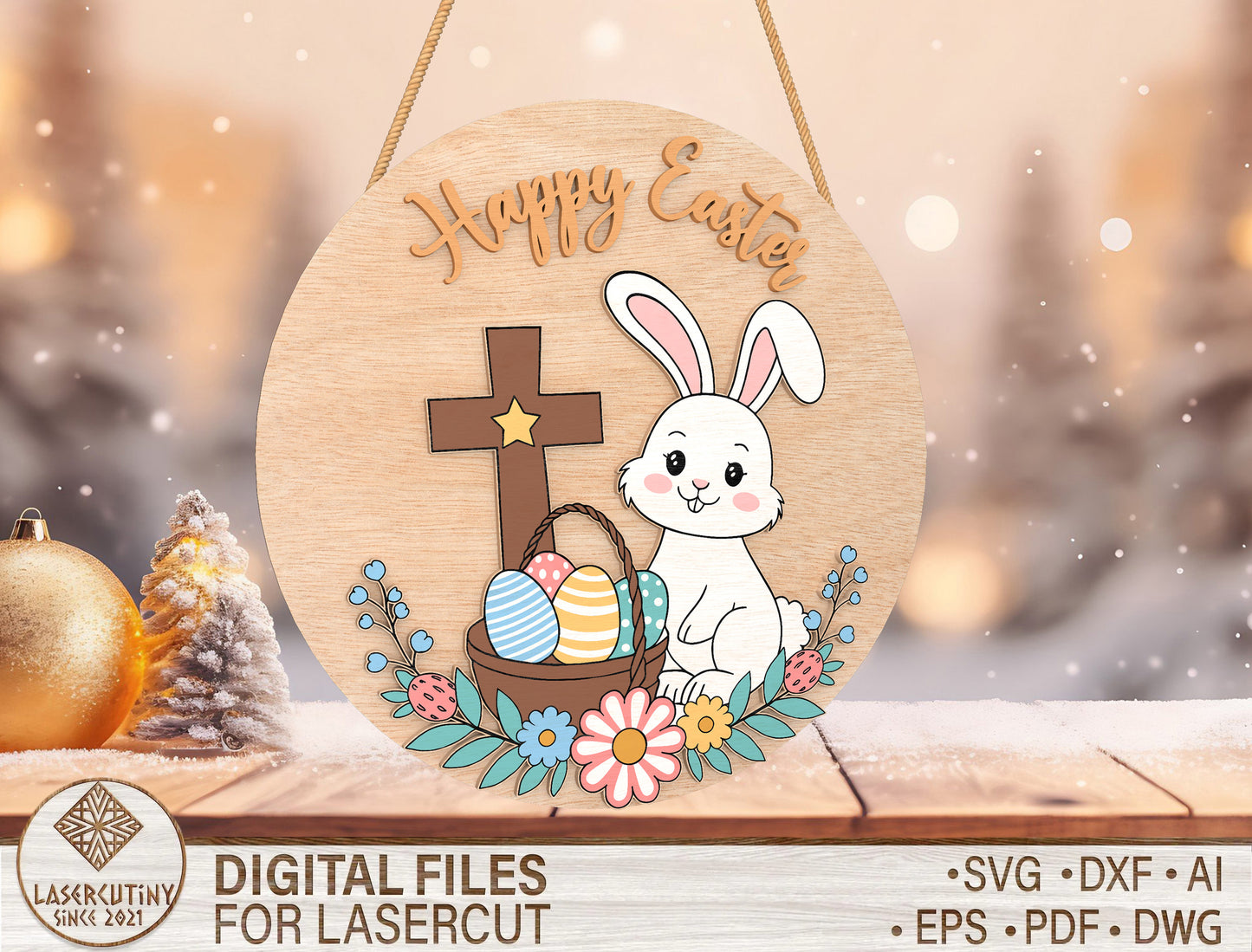 Bunny Cross Door Hanger SVG He Is Risen Rabbit Floral for LightBurn