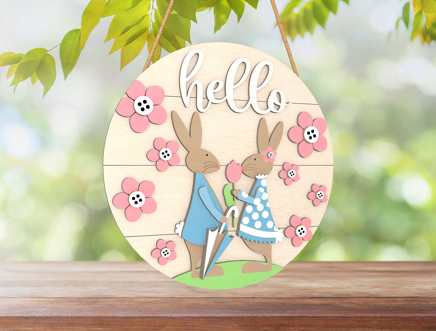 Hello Easter Bunny Door Hanger SVG Cute Bunny Couple Round for LightBurn