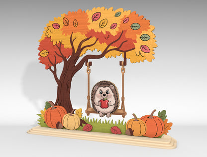Hedgehog on Swing Fall Scene SVG for Glowforge xTool LightBurn
